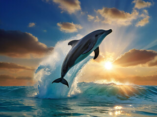 Fototapeta premium Dolphin jumping with sunset
