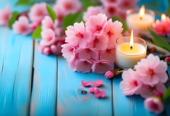 A background of pink flowers and candles on a blue wooden surface, with space for text. - Powered by Adobe