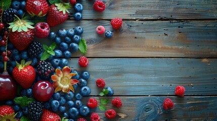 Various types of berries are displayed on the table, showcasing the vibrant colors of natures...