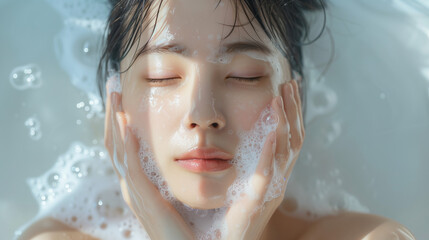 洗顔をするアジア人女性