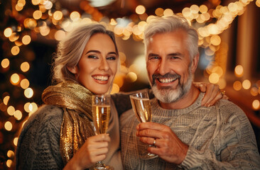 A happy couple celebrating their anniversary with champagne glasses in hand, surrounded by warm lights and festive decorations.