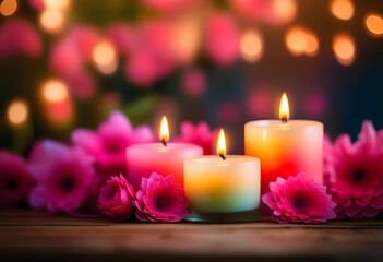 A close-up of colorful candles on a wooden table with pink flowers and bokeh lights in the background
