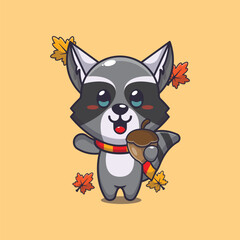 Cute raccoon with acorns at autumn season