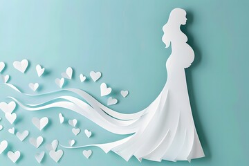 Paper art style pastel color 3d illustration pregnant woman in long dress with heart on belly for happy pregnancy concept