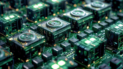 Fototapeta premium Microchip technology circuit board, green futuristic hardware components, computer tech close up