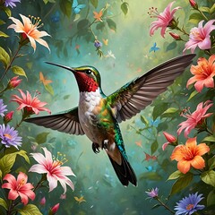 A hummingbird with vibrant wings displaying multiple colors hovers above a meadow of blossoms.