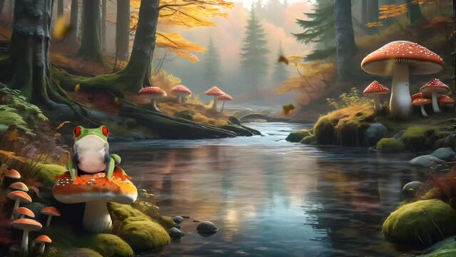 River in autumn forest with a frog. Seamless looping time-lapse 4k video animation background
