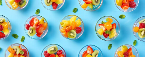 Top view of a colorful fruit salad in glass bowls on a blue background, in the style of a flat lay top view stock photo contest winner, presented at high resolution