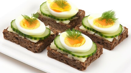 Salami sandwich on whole wheat bread with egg and cucumber. Smrrebrd Danish open-faced sandwiches with Pickles