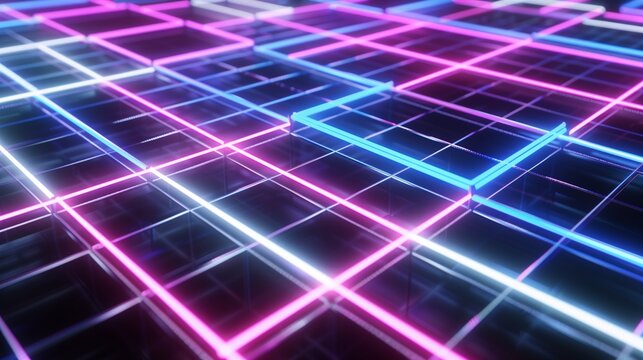 A grid of interconnected neon squares forming a hypnotic 3D pattern on a black backdrop.