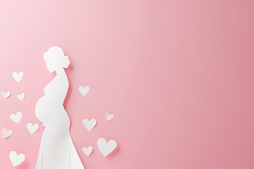 Pregnant woman in long dress with heart on belly pastel color minimalist 3d illustration for happy pregnancy