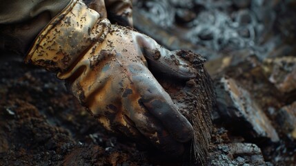 A gloved hand holding a scrub brush vigorously scrubs a piece of coal removing layers of dirt and grime to reveal its true potential.
