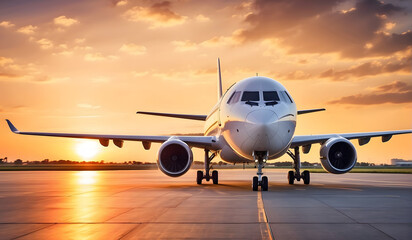 Obraz premium A plane is taking off from the runway at sunset, Flight into the Sunset