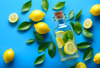 A bottle of lemon essential oil next to a fresh lemon on a blue background