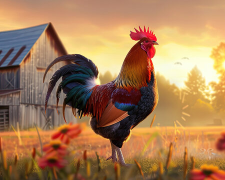 A proud rooster crowing at sunrise, with vibrant feathers, stands in a rural field against the backdrop of a rustic barn.