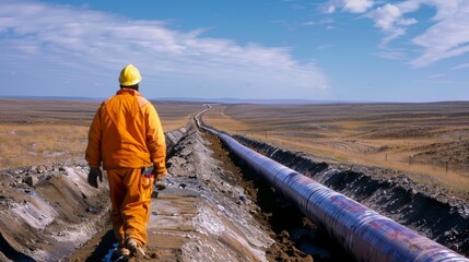 An engineer inspects a newly laid section of pipeline checking for any potential flaws or issues.