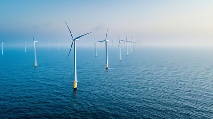 A completed offshore wind farm with each turbine generating clean renewable energy for miles around.