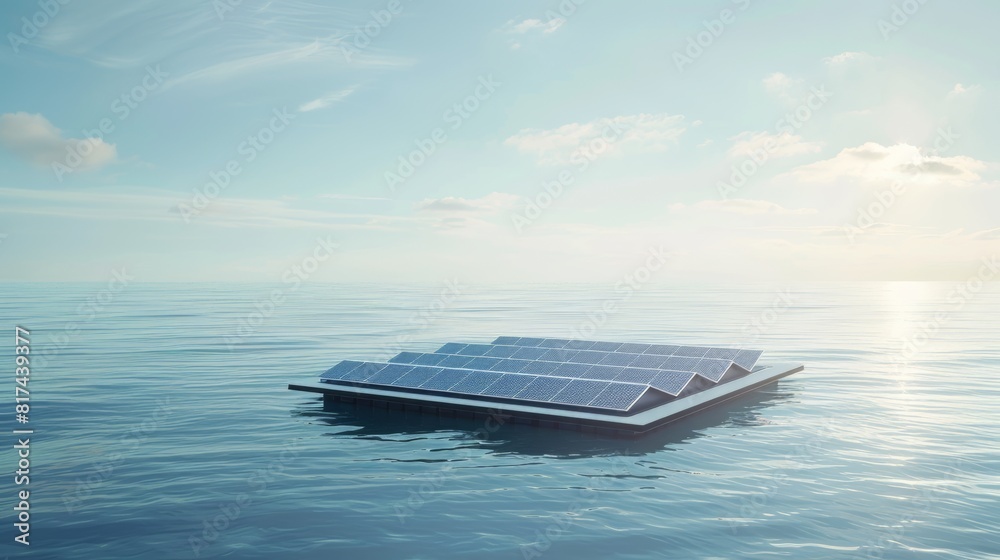 Wall mural a serene coastal scene with a solar panel array integrated into a floating platform, utilizing the s