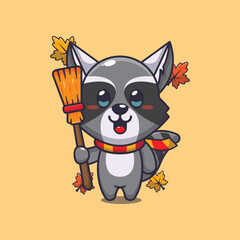 Cute autumn raccoon holding broom