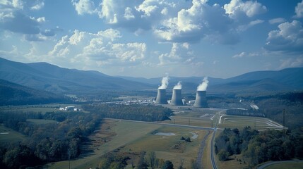 A birds eye view of a nuclear power plant with its large cooling towers rising above the landscape.