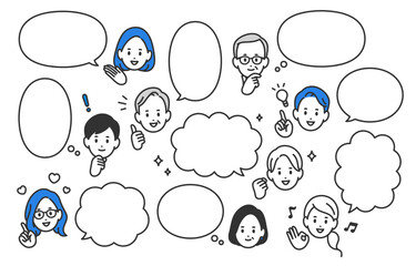 ポジティブなビジネスパーソンとふきだし･アイコンのセット【人物ベクターイラスト素材】