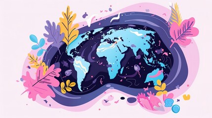 Create a world map with bright colors. The continents should be blue, green, yellow, and pink. Decorate the map with colorful leaves and flowers.