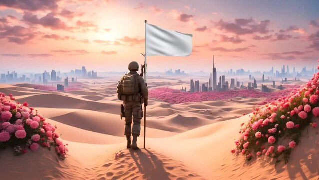 Soldier with white flag in a flowering desert, symbolizing peace and resilience