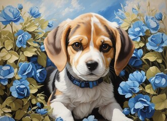 Adorable Beagle dog breed painting cute puppy with collar surrounded by blue flowers and an abstract blue background