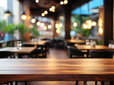 Wooden table top on blur coffe shop background