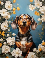 Cute Dachshund dog painting wearing a collar sitting with a blue background and yellow and white flowers surrounding him pure breed