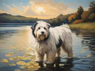 Painting of English Sheepdog with white fur and black patches standing on the shoreline of a serene lake with hills and trees in the background