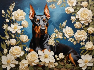 Painting of Doberman Pinscher breed dog sitting down surrounded by several blooming white flowers and a blue background
