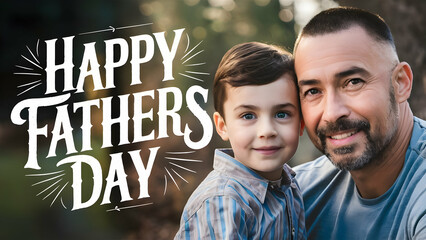 Father and son smiling at camera against happy father's day lettering