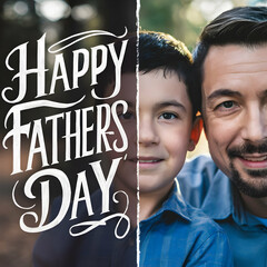 Happy father and son with happy fathers day lettering on blurred background
