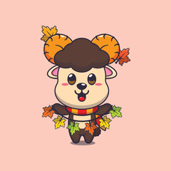 Cute ram sheep with autumn leaf decoration