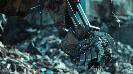 A closeup of a metal claw gripping tons of waste ready to be dumped into a massive incinerator.