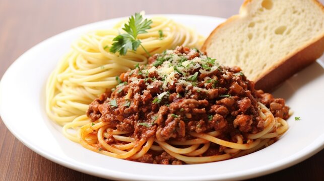 spaghetti bolognese with garlic bread wooden table