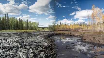 A comparison between a natural untouched wilderness and the scarred landscape of an oil sands site.