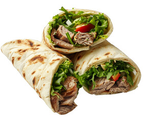 Beef shawarma with white sauce, lettuce and cheese wrapped in a tortilla on a white background.