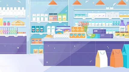 Fototapeta premium Design a grocery store interior. Use bright inviting colors. The store should be well organized and clean. Include a variety of food and household products.