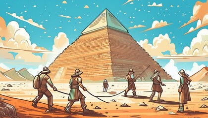 Obraz premium ancient workers building huge pyramid in desert with sand, salt and sky; hand drawn sketch for tattoo