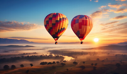 Obraz premium Stunning Hot Air Balloons: Capturing the Beauty of Balloons in the Sky with the Sun Behind