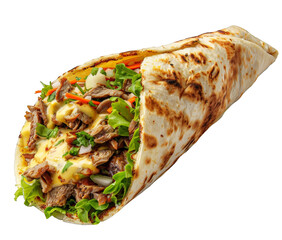 Beef shawarma with white sauce, lettuce and cheese wrapped in a tortilla on a white background.