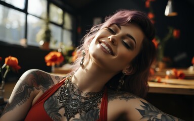 Portrait of a Happy Woman with Purple Hair and Tattoos in Red Garment