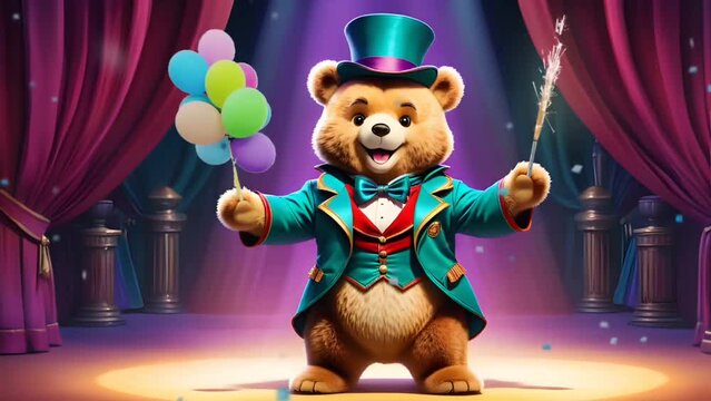 Teddy bear in magician costume with balloon and wand