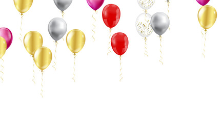 An array of vibrant balloons, confetti, and streamers float elegantly, suggesting a festive and celebratory mood