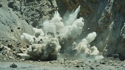 The sound of loud explosions can be heard as workers use dynamite to blast through rock.