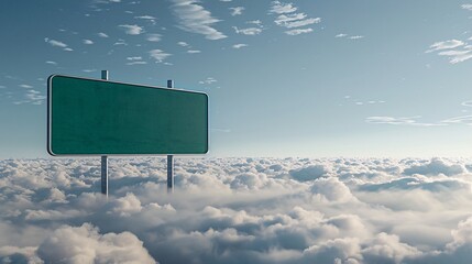 Blank green road sign with clouds and blue sky background.