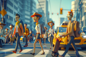 Obraz premium Cartoon diverse people crossing road hurrying in business at city street. Urban cityscape with people hurry at work.