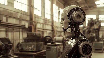 Fototapeta premium Humanoid robot with white casing in a detailed industrial workshop.